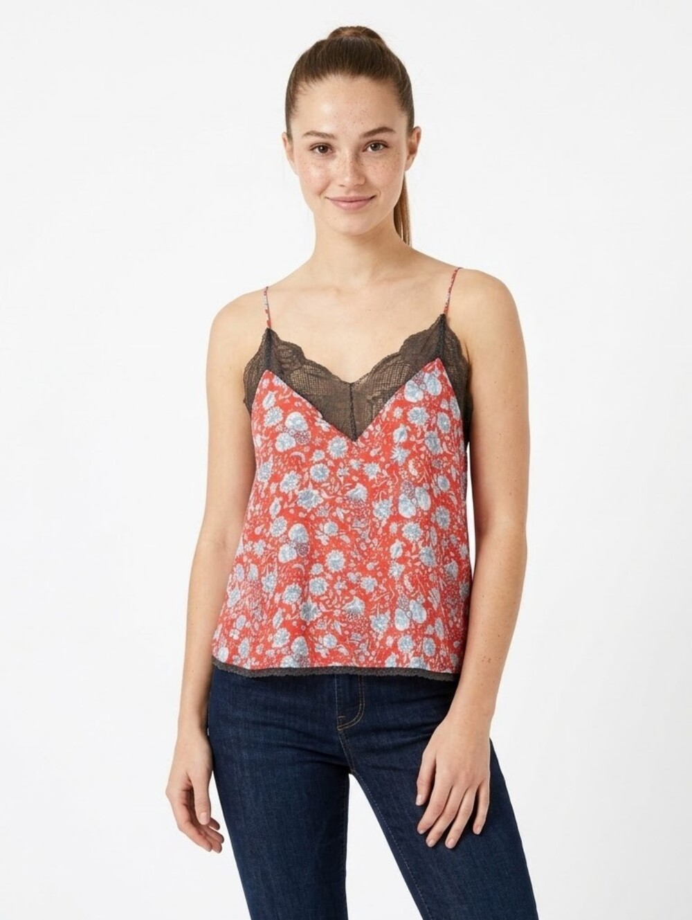 Zadig & Voltaire Christy Floral Lace Trim Camisole Top Red V-Neck Cami - Medium